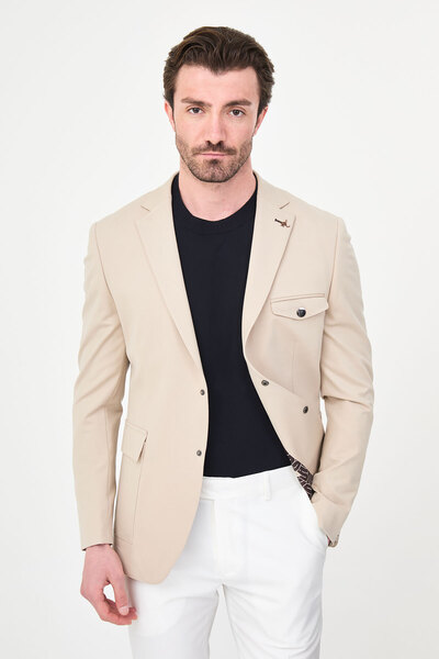Mcr Straight Slim Fit Men's Jacket with Pockets and Snap Fasteners Beige - 41...