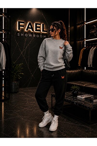 FAEL LİFE Unisex Wide Cut Zero Neck and Sweatpants Orange Butterfly Printed Set