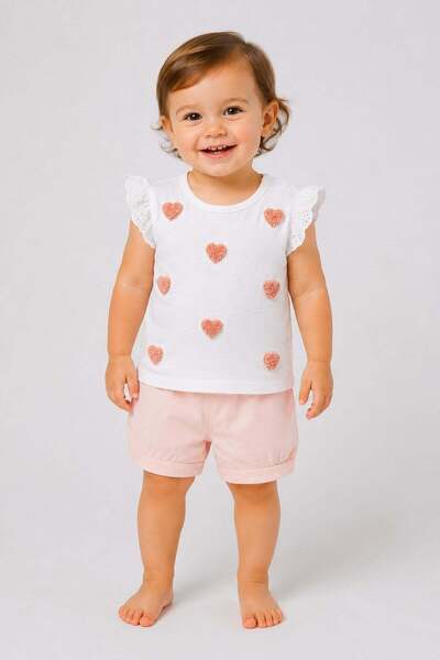 dinamik çocuk Baby Girl Heart Appliqued Summer 2-Piece Set with Scallop Sleev...