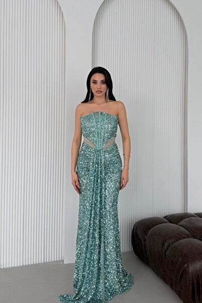 Serica Moda Mint Strapless Waist Detailed Sequined Evening Dress