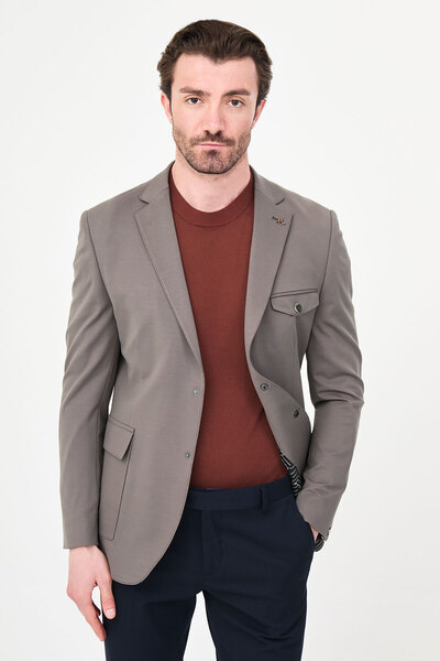Mcr Straight Slim Fit Men's Jacket with Pocket and Snap Fasteners Mink - 4149...