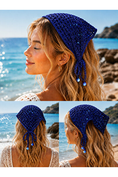 ESYCREATİVE ESY Bohem Örme Saç Bandası, Fular, Yeşil Pullu Bandana