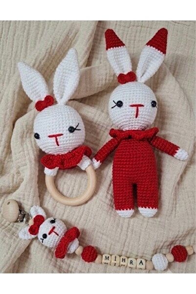Taze Kal Yenidoğan Organik Amigurumi Tavşan - Kişiye Özel İsimli Emzik Zincir...