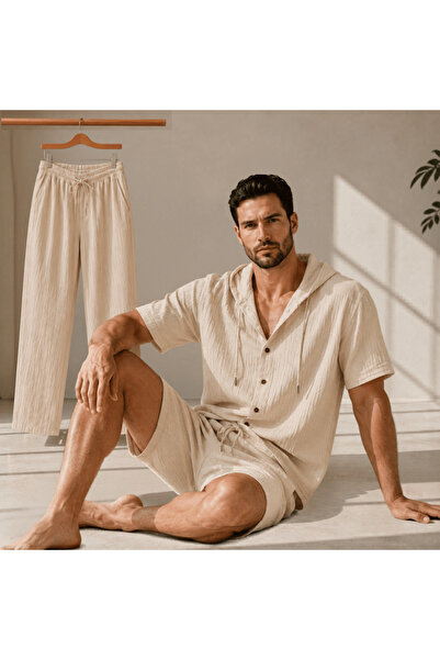 QMEN STYLE Erkek Müslin Kapşonlu 3'set Gömlek-Şort-Pantalon