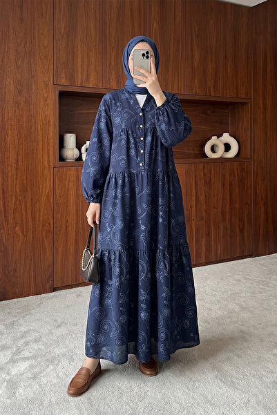 MODAQU Jacquard Print Buttoned Layered Dress - Navy Blue