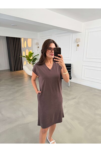 Elif Özbey Butik Kahverengi V Yaka Modal Elbise