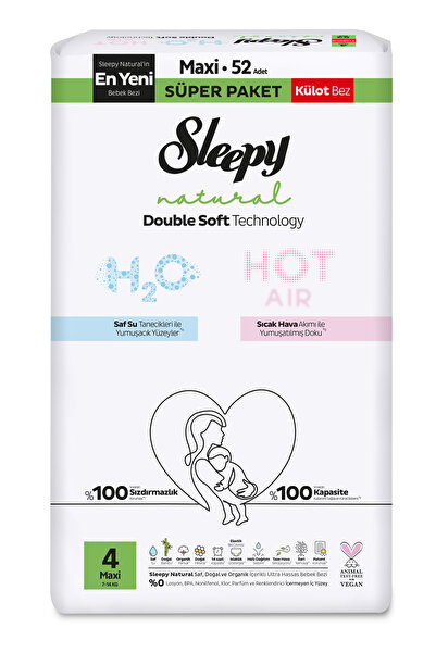 Sleepy Natural Double Soft Külot Bez 4 Numara Maxi 52'li Bebek Bezi