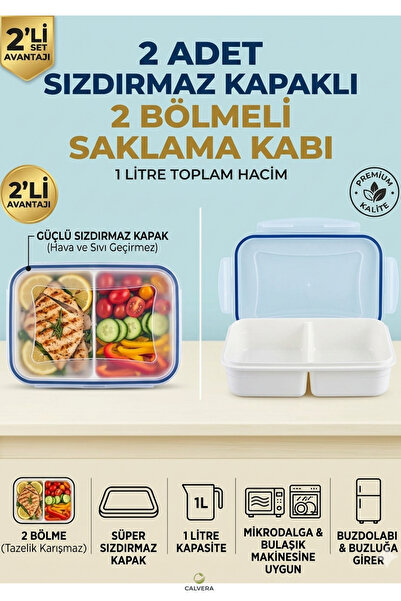 CALVERA 2 Adet 2 Bölmeli Sızdırmaz Lunch Box Saklama Kabı - 1 Litre Beslenme ...
