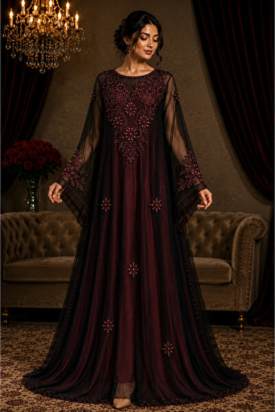 Bab almadina collection Luxury Maroon & Black Embellished Evening Gown with S...