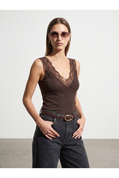 Dilvin 10875 Lace V-Neck Blouse-Dark Brown