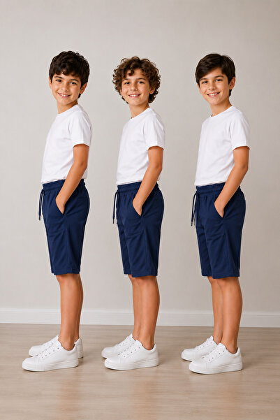 LİFA KİDS 3-Piece Dark Blue Capri-Shorts School and Casual 2 Yarn Combed Cotton