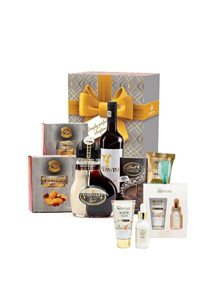 GourmetGift Pachet cadou premium Silver, 8 piese cu Lichior 0.5l, Vin Rosu, c...