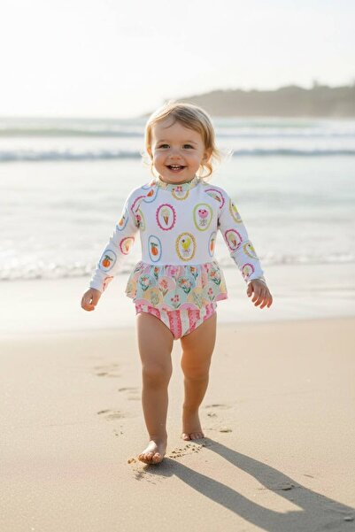 Melomel Long Sleeve Icecream Baby Girl Uv Protection Long Sleeve Swimsuit