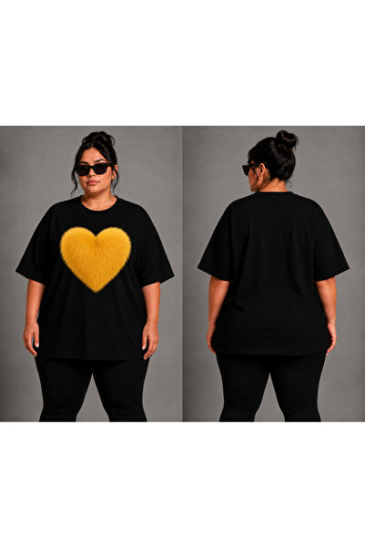 VODEXA Women's Oversize T-Shirt Yellow Heart Printed 100% Cotton T-Shirt Larg...