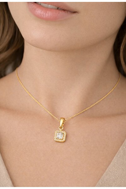 Larezo 925 Silver Necklace Gold Plated, Square Pendant With Cubic Zirconia, I...