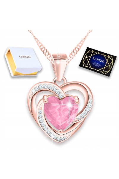 Larezo Colier Din Argint 925 Placat Cu Aur, Pandantiv Inima Din Cristal Roz S...