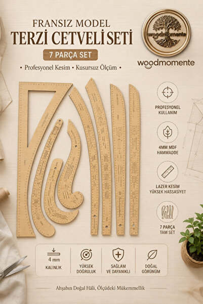 woodmomente 7 Parça Fransız Model Riga Terzi Cetveli Seti 4mm MDF Profesyonel...