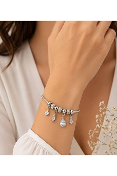 Mervişim Aksesuar Tarnish-Resistant Steel Zircon Stone Drop Detailed Charm Br...