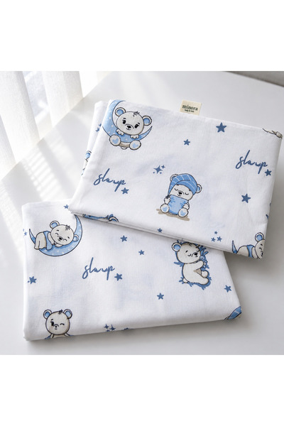 Minora Baby&Kids Minora 100% Cotton Ranforce Mother's Side Park Bed Elastic Baby Sheet and Pillowcase Set 70X120 - 35X45-Mavi̇ Ayar