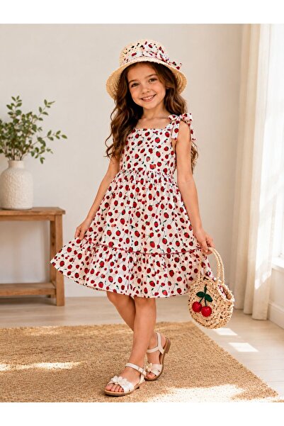 Kuzucuk Kids Bebek Çocuk Butik Kız Çocuk Çilek Kiraz Desenli Askılı Şapkalı Ş...