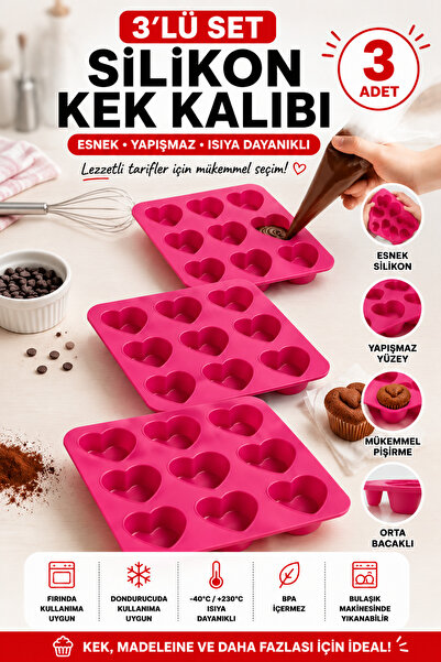 Stork 3 Adet 9'lu Kalp Şekilli Silikon Kek ve Çikolata Kalıbı - Pembe Mini Mu...