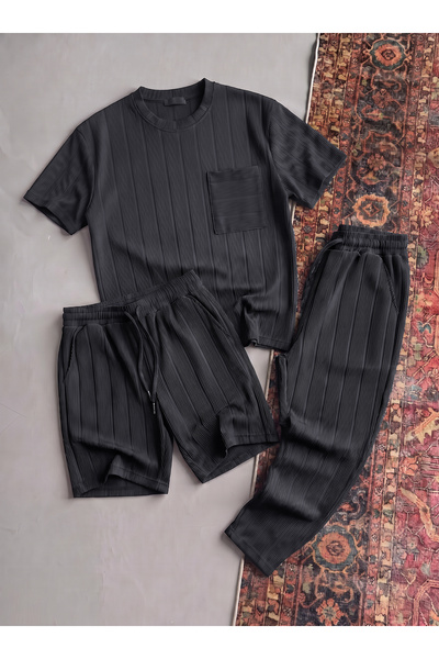 blucombin Men's Report T-Shirt Shorts and Sweatpants 3-Piece Set Wide Cut
