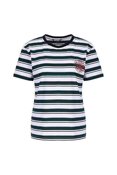 Lee Cooper Beyaz Kadın Basic Çizgili T-Shirt 262 LCF 242021 MALORY 3 ZÜMRÜT-BEYA