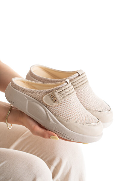 SEFERİ Women's Beige Orthopedic Sole Comfortable Closed-Front Slippers-Sabo S...