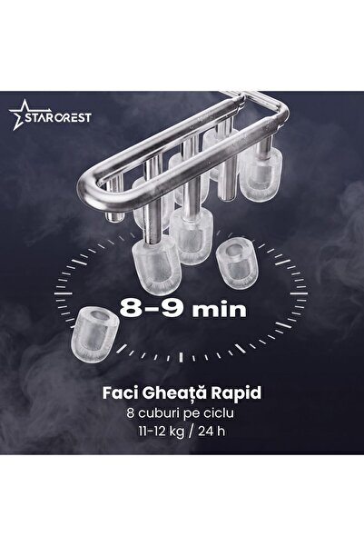 STARCREST Masina de facut cuburi de gheata SIM-1125IX, Capacitate 11-12Kg/24h, Cos gheata detasabil, Rezervor apa 0.8 l, Inox