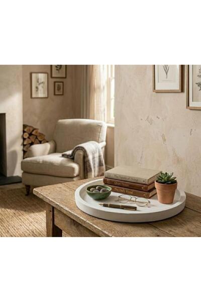 FONOON Large Round Organizer Tray with High Edge Made of Plaster