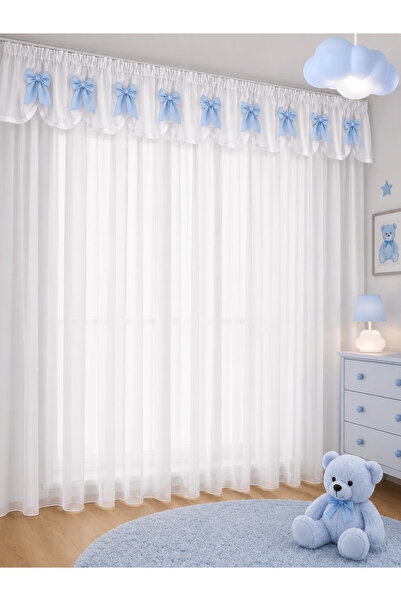 Liz Line Perdea din voal, cu fundite hand-made, alb/bleu ciel, cu rejansa de ...