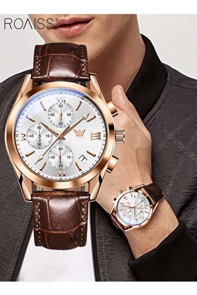 ROAISS Mens Chronograph Quartz Watch Luxury Leather Strap Black Dial Rose Gol...