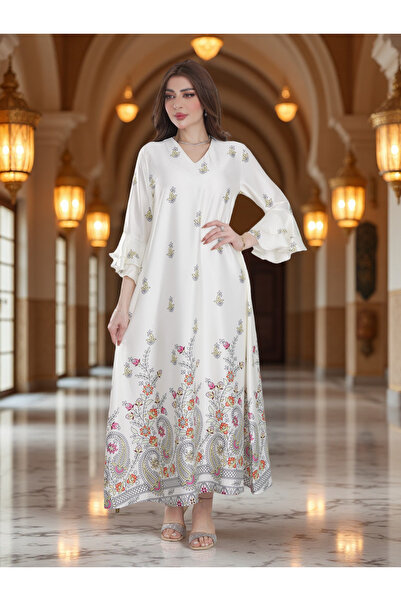 Finelook Ivory Floral Printed Modest Dress with Flared Sleeves – Elegant Ever...