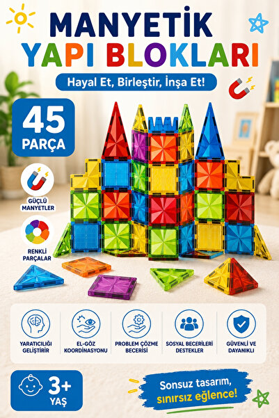 Toyaş 45 Parça Manyetik Yapı Blokları Eğitici STEM Oyuncak | Manyetik Karo Se...