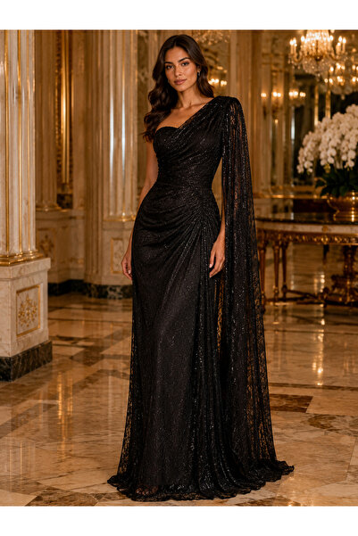 FOR COSTUME Tek Omuz Dantel İşlemeli Uzun Abiye Elbise