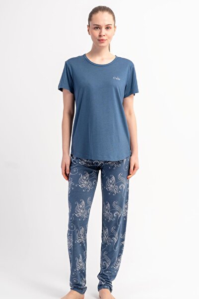 KEZOKİNO Women's Short-Sleeved Dark Gray Pajama Set Summer Home Wear C5T0N2215