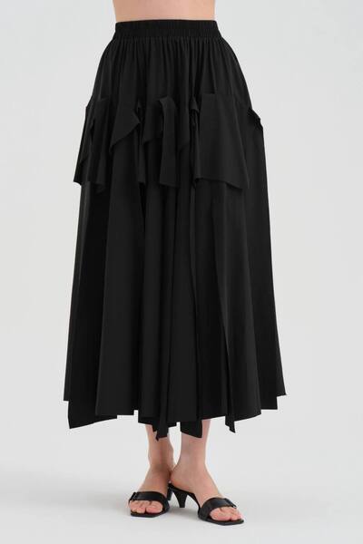 tw3 Women's Long Skirt with Cut-Out Detail on the Front and Elastic Waist Design