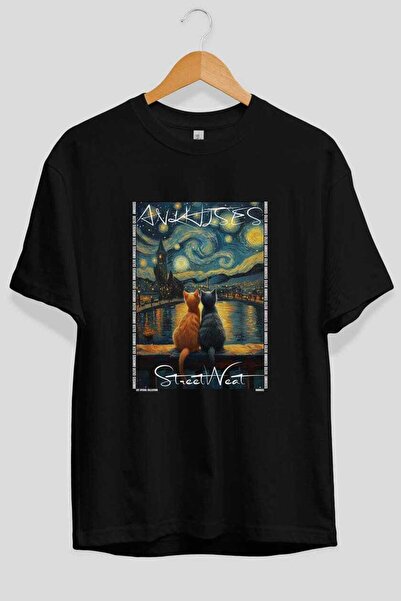 Ankhises For the Love of Cats 70 Front Cat Printed Black Oversize T-Shirt 100...