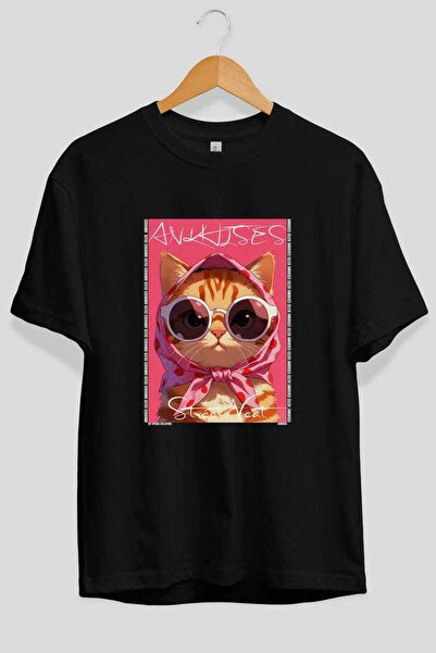 Ankhises For the Love of Cats 5 Front Cat Printed Black Oversize T-Shirt 100%...