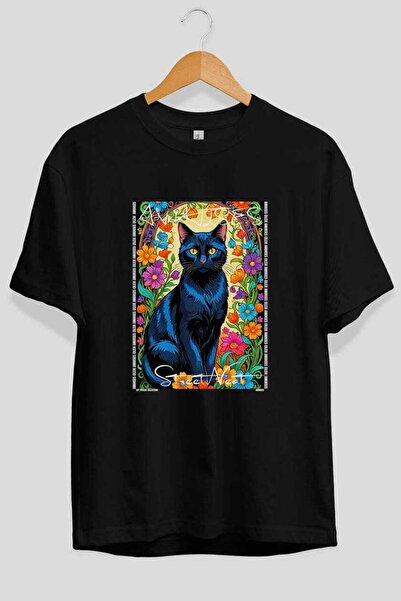 Ankhises For the Love of Cats 8 Front Cat Printed Black Oversize T-Shirt 100%...