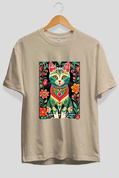 Ankhises For the Love of Cats 18 Front Cat Printed Beige Oversize T-Shirt 100...