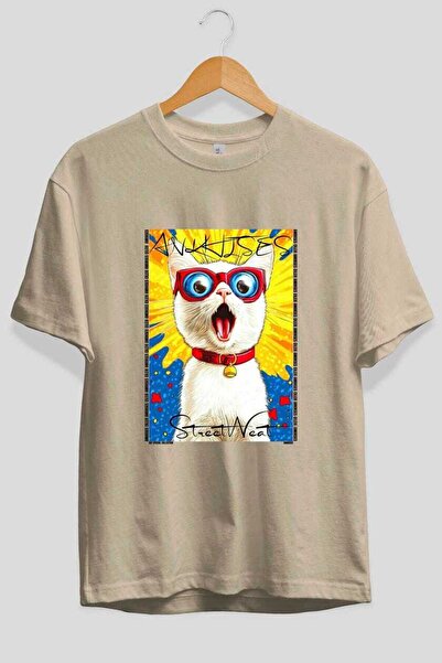 Ankhises Μπλουζάκι  "For the Love of Cats " με στάμπα γάτας, μπεζ, oversized,...