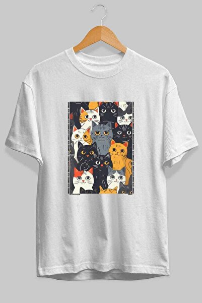 Ankhises For the Love of Cats 27 Front Cat Printed White Oversize T-Shirt 100...