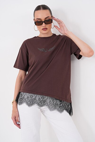 ŞİMAL Women's Skirt with Lace Detail and Stone Embroidery T-Shirt 260562 -