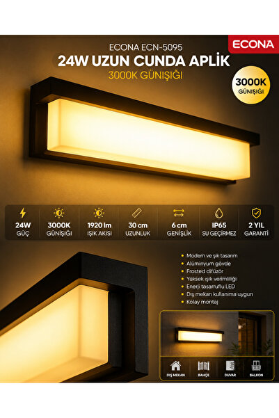 ECONA 24W Uzun Cunda LED Duvar Aplik 3000K Günışığı– Modern Şık Dış Mekan ve ...