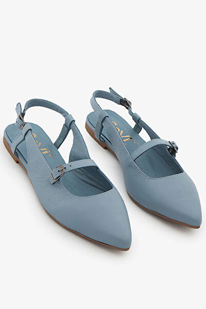 SAYL Mavi Hakiki Deri Kadın Babet Slingback Ayakkabı