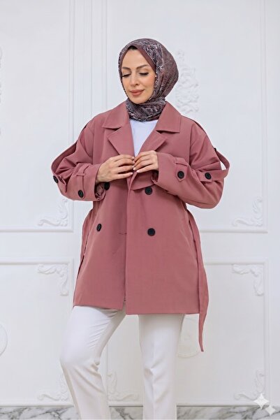 PAVENTİ معطف قصير بأزرار وحزام بلون البيج الفاتح (لون الحجر)