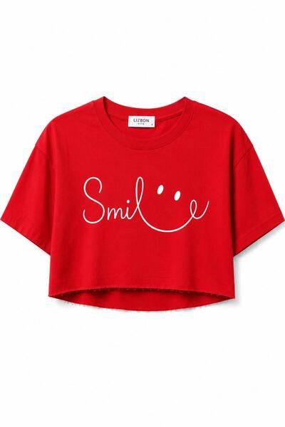 Lizbon Style Women's Crop T-Shirt Smile Printed Oversize Relaxed Fit Short Ts...