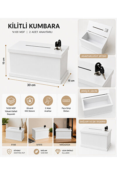 BOZKURT CNC Kilitli MDF Kumbara 2 Anahtarlı Güvenli Para Kutusu &100 MDF Beya...