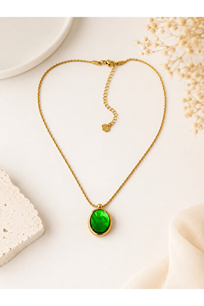 Archhazel Jewelery Steel Bowged Chain Oval Green Stone Necklace